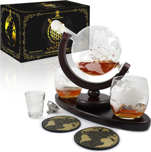 Whiskydekanter Globus mit 2 Gläsern